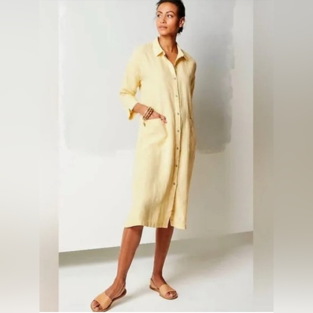 J. Jill Pure Linen Patch Pocket Shirt Dress Midi Butter Yellow Size XS NWT